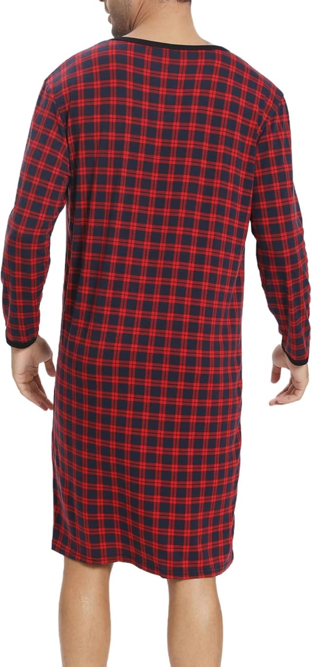Detalle de Yukiuiny Herren Langarm-Nachthemd knielang aus Jersey (Baumwolle/Spandex), weich & luftig fürs Schlafen und Krankenhaus