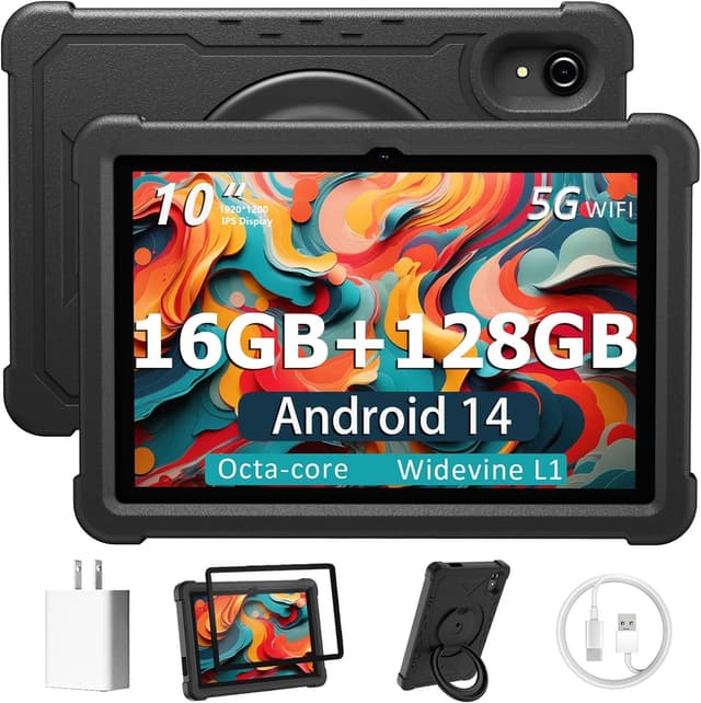 Detalle de 10-Inch Android 14 Tablet (16GB RAM / 128GB Storage, 5G Wi‑Fi, GPS) with Dual Camera & Drop‑Proof EVA Case - Black