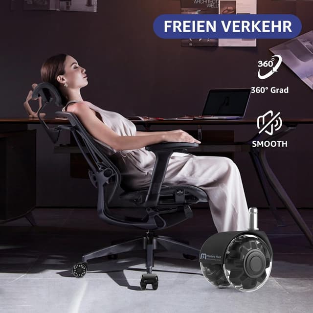 Detalle 2 de Mastery Mart Bürostuhl Rollen 11 mm – leise Gummirollen im 5er Set (schwarz) für Hartböden