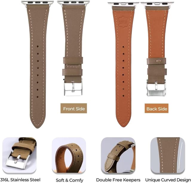 Detalle de AoYi Italian Genuine Leather Straps for Apple Watch (Series 11–1, SE & Ultra) – Slim cowhide leather bands