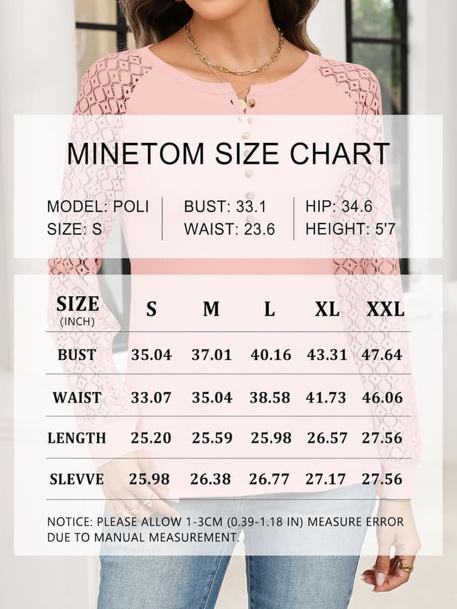 Detalle 2 de Minetom Women’s Lace Long Sleeve Henley Tops (Lace Sleeve Button-Down Casual Blouse)