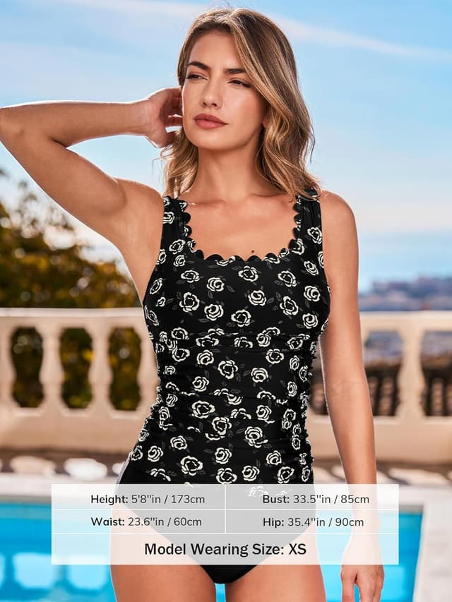 Thumbnail 5 de CUPSHE tankini da donna con scollo rotondo e rifiniture smerlate (set da 2 pezzi, spalline larghe regolabili)