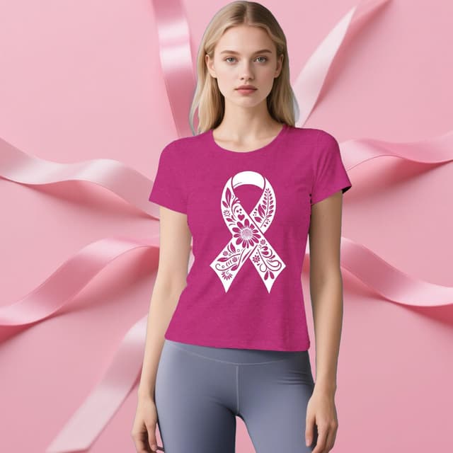 Detalle de Qskall Breast Cancer Awareness T-Shirt for Women with Pink Ribbon Floral Design