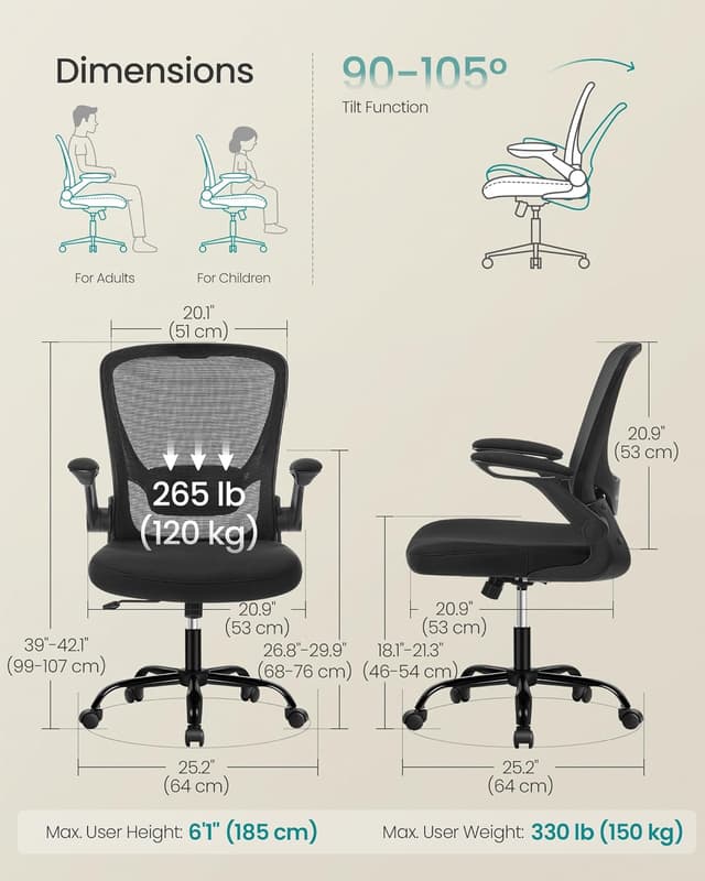 Detalle de SONGMICS Office Chair OBN37BKUK with mesh back, adjustable lumbar support and flip-up armrests