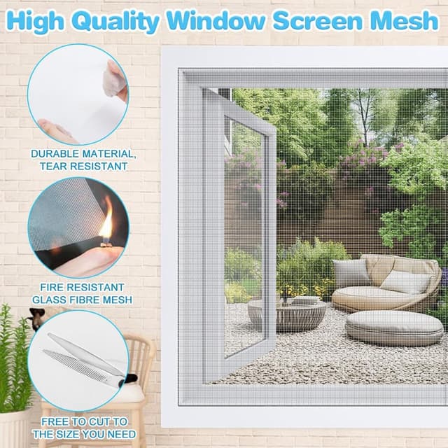 Detalle de BUZIFU Fliegengitter Meterware aus Fiberglasgewebe (200 x 200 cm, weiß) inkl. Fensterputzbürste