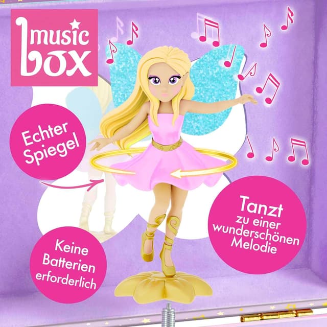 Detalle 2 de MUSIC BOX Fairy Spieluhr mit Melodie – Mädchen-Schmuckkästchen mit drehbarer Fee, Spiegel & Schublade