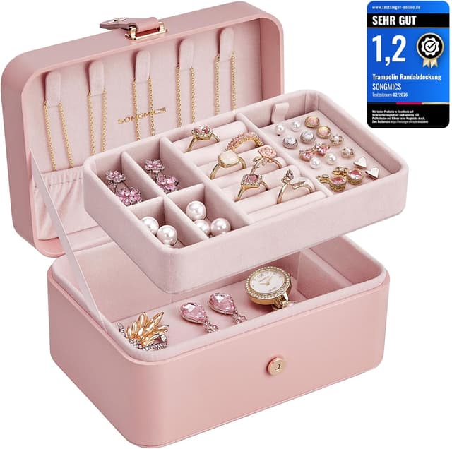 Detalle de SONGMICS Schmuckkästchen Reise JBC166R01 – kleines Schmuck-Organisationsetui mit 2 Ebenen