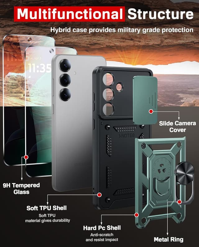 Detalle de LeYi Rugged Tough Armor Case for Samsung Galaxy S25 Edge (Green) with Camera Cover Slider