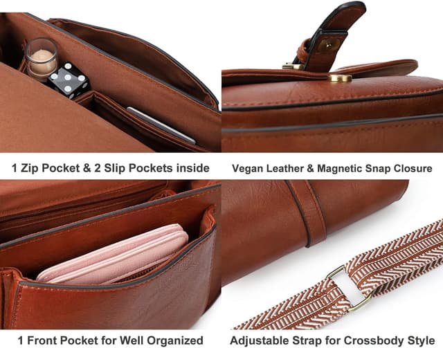 Detalle de AFKOMST vintage-style vegan leather crossbody bag for women (small satchel & shoulder bag)