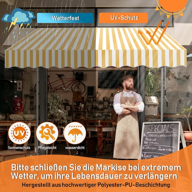 Detalle de Eulenke Klemmmarkise Balkonmarkise 400 cm mit Handkurbel – ohne Bohren, UV-beständig, wasserdicht (Gelb/Weiß)