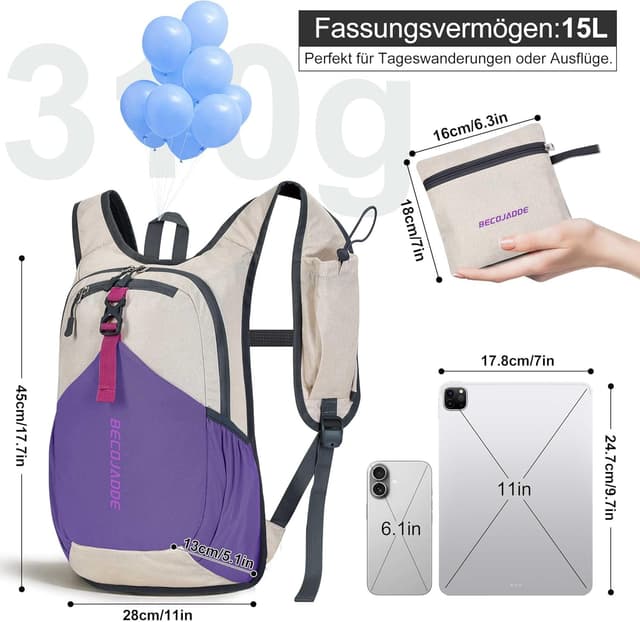 Detalle 2 de BECOJADDE 15L Wanderrucksack – leichter faltbarer Daypack für Camping, Outdoor & Tagesausflüge