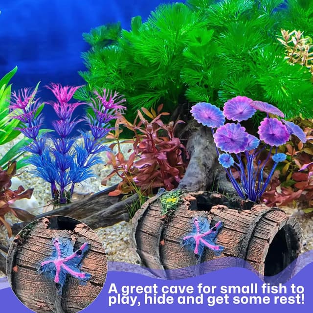 Detalle de LZYDKH broken barrel cave ornament with 4 aquatic plants for aquariums