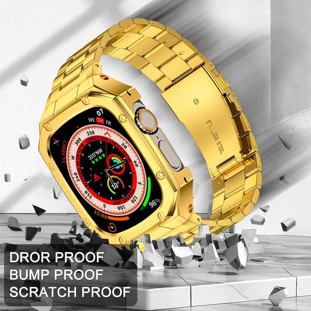 Detalle de BAITEYOU Stainless Steel Watch Band with Case for Apple Watch Ultra 1/2/3 (49mm) – Rugged Metal Bumper Strap (Gold)