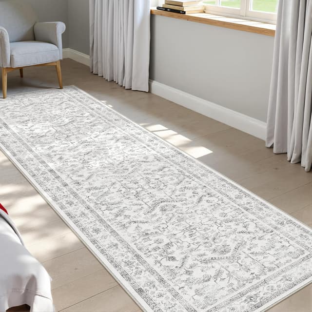 Detalle de PureCozy Vintage Grauer Teppich Flur Läufer 60x240 cm – waschbarer Kurzflor mit rutschfester TPR-Gummiunterlage
