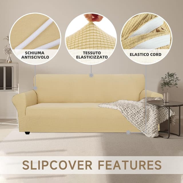Detalle de Ystyle Housse de canapé extensible 4 places avec accoudoirs, beige jaune