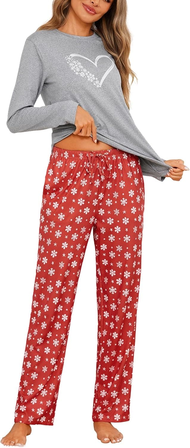 Detalle de Demegimi Damen Schlafanzug lang mit Rundhals, Baumwolle – Winter-Pyjama mit Schneeflocken-Motiv