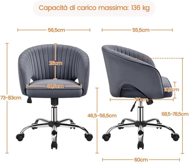 Detalle 2 de Yaheetech Poltrona Ufficio Ergonomica Velluto Grigio