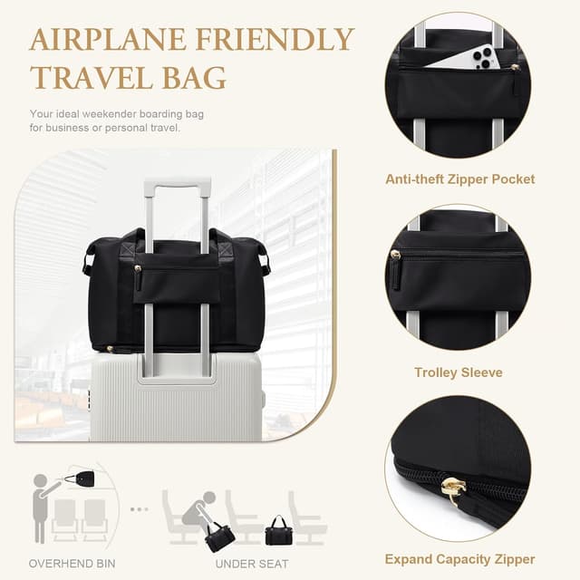 Detalle de VNINE borsoni da viaggio da donna espandibile 28 L fino a 40 L, weekender e borsa a mano “airplane friendly”