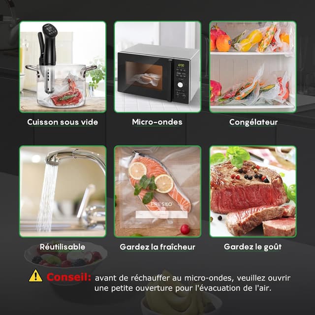 Detalle de FRESKO Sacs sous vide alimentaire 20 x 30 cm – Lot de 120 sachets pour congélation, conservation et cuisson sous vide