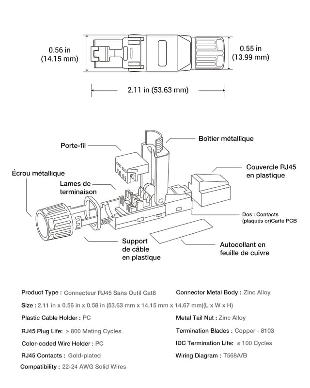 Detalle de LEENUE Lot de 2 connecteurs RJ45 sans outil Cat8 (40 Gbit/s, 2000 MHz) pour câbles blindés et PoE