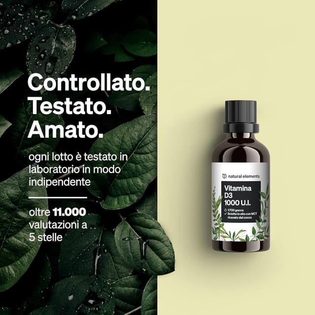 Detalle de Natural Elements Vitamina D3 1000 UI per goccia, 50 ml (1.750 gocce) in olio MCT di cocco