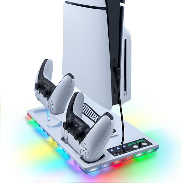 Detalle de Wigearss PS5 Kühler Standfuß mit Dual-Controller-Ladestation, Lüfter und RGB-Licht für PS5 / PS5 Slim / PS5 Pro