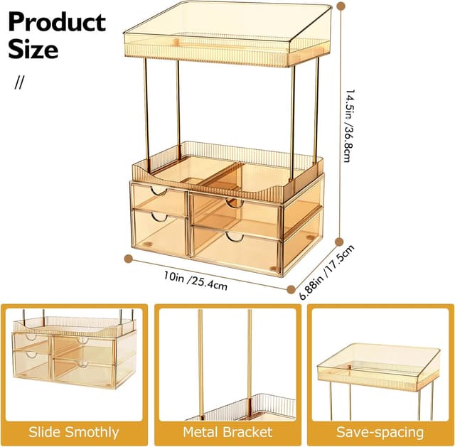 Detalle de StowBin Makeup Organiser with 2 Shelves & 4 Drawers (Transparent Tawny)