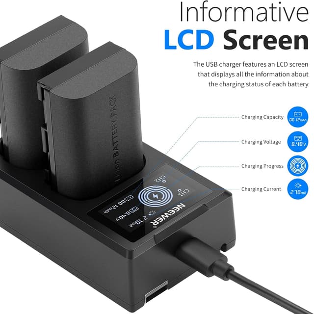 Detalle de NEEWER Ersatzakku- & Ladegerät-Set für LP-E6NH/LP-E6N (2x 2250 mAh) mit Dual-USB-Lader und USB-C-Kabel