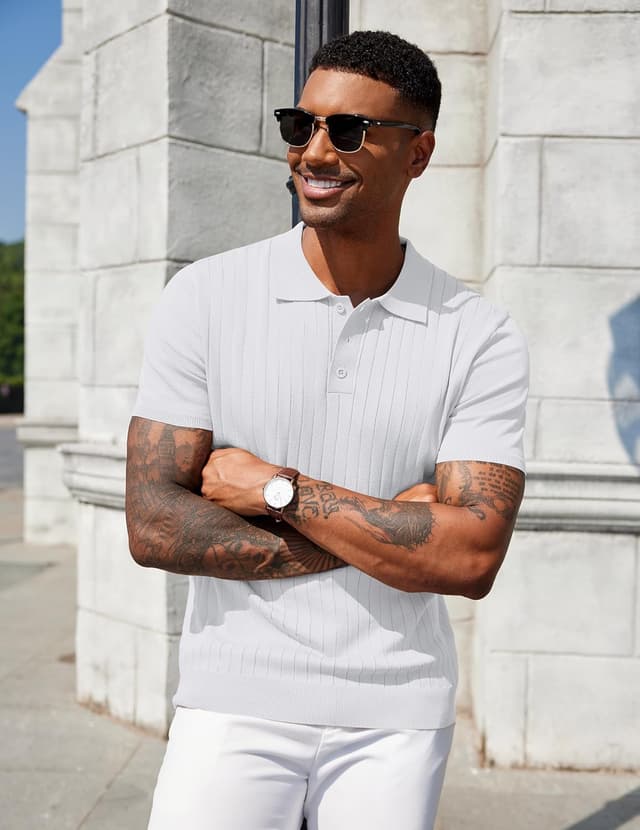 Detalle de COOFANDY Polo Homme tricoté manches courtes stretch à 3 boutons