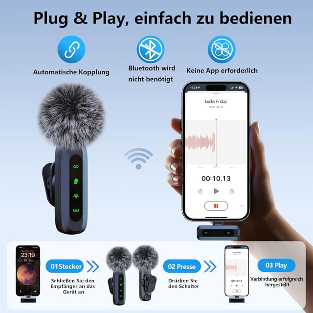 Thumbnail 6 de Mikrofon handy für iPhone & USB-C – kabelloses Lavalier-Mikrofon mit LED-Display