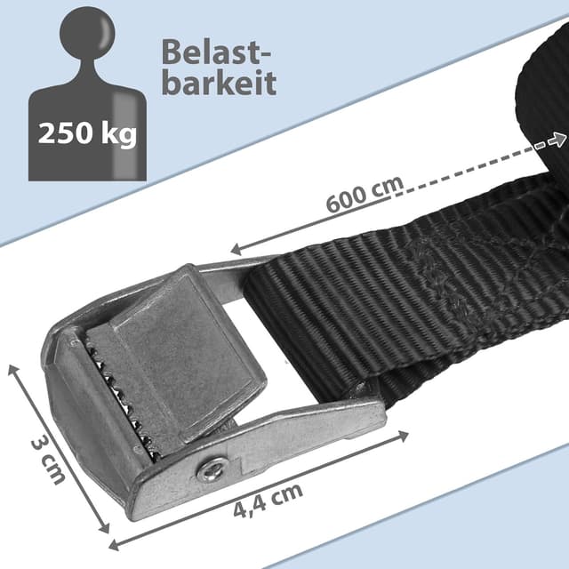 Detalle de Zurrgurt Spanngurte mit Klemmverschluss, TÜV geprüft – belastbar bis 250 kg, 4er Pack (2,5 cm x 6 m, schwarz)