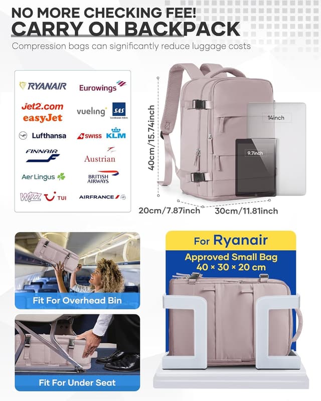 Detalle de SZSYCN Handgepäck-Rucksack 40×30×20 mit Laptopfach (16 Zoll) & Schuhfach – Ryanair-/Wizz Air-Format