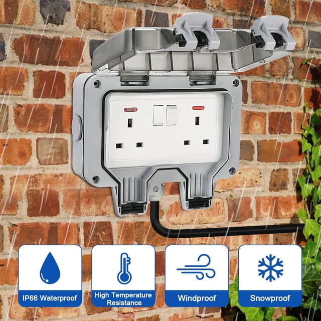 Detalle 2 de Waterproof Outdoor Sockets with 10m Extension Cord – IP66 Weatherproof Double Plug, External Wall 2 Gang Storm Switched Socket