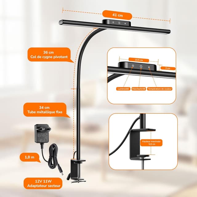 Detalle 2 de Lepro Lampe de Bureau flexible à pince 11W, 5 modes de couleur et 5 niveaux de luminosité (noir)