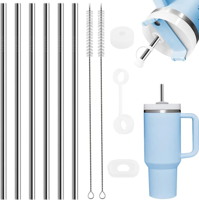 GOTFUN 6x Edelstahl-Strohhalme (31 cm) für Stanley Cup inkl. auslaufsicherem Silikonstopfen & 2 Reinigungsbürsten