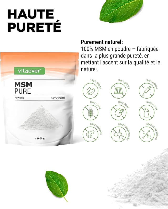 Detalle de Vit4ever Poudre de MSM 99,9% (1 kg) – méthylsulfonylméthane cristallin, maille 40–80