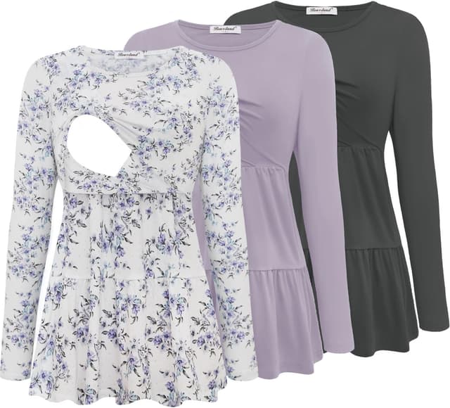 Detalle de Bearsland Women’s Nursing Top 3-pack Long Sleeve Scoop Neck Breastfeeding Shirts