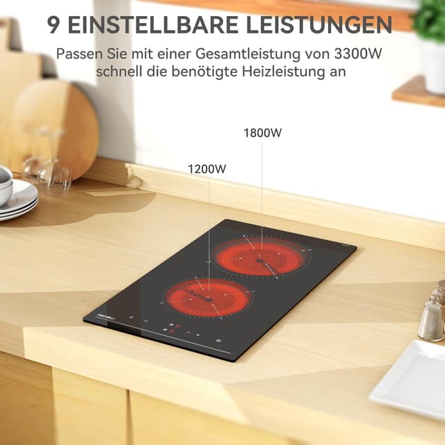 Detalle de Hermitlux Einbau-Kochfeld mit 2 Zonen (Glaskeramik, 3300 W, Timer, Touch & Kindersicherung) 28,8 cm