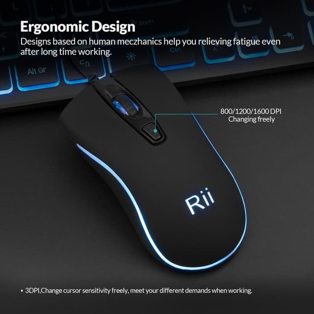 Detalle de Rii RK105 wired keyboard and mouse bundle with three-colour backlight (UK layout)