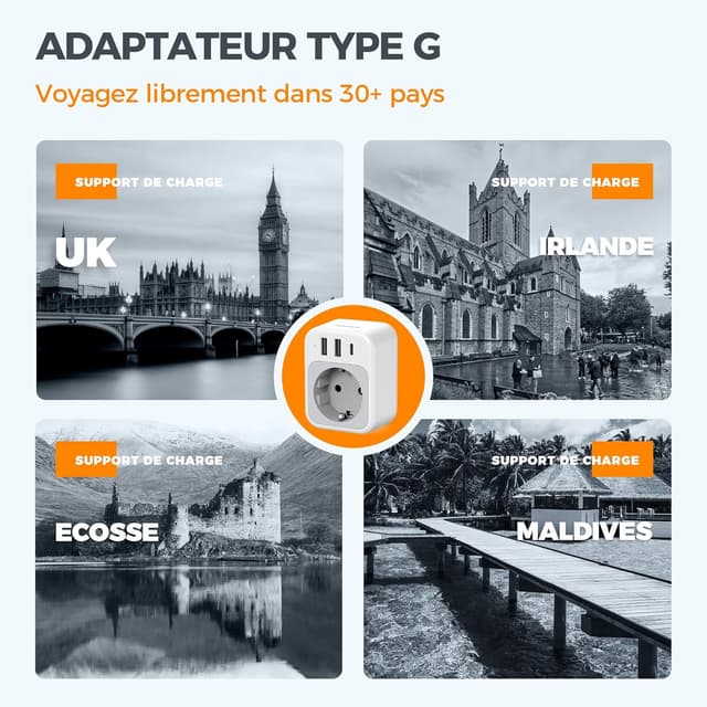 Detalle de TESSAN adaptateur prise anglaise 4 en 1 (type G) vers France : 1 USB‑C + 2 USB‑A
