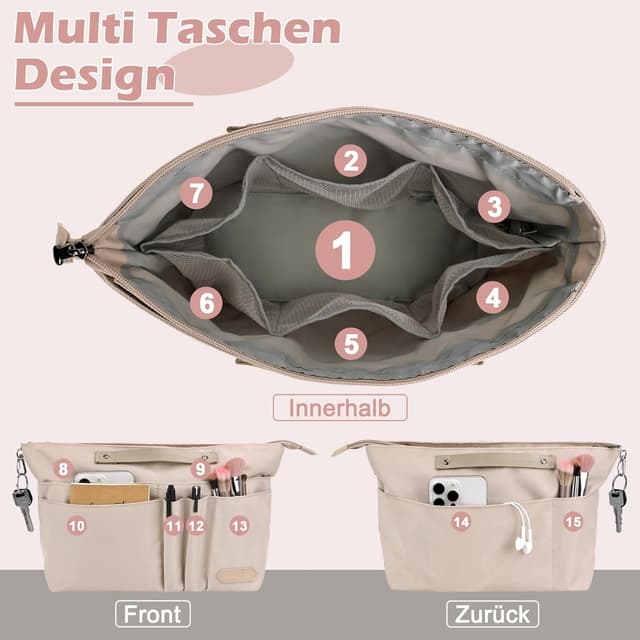Detalle de Taschen Organizer für Longchamp Le Pliage L – Polyester, wasserdicht, mit Schlüsselbund und 15 Fächern (Beige, groß)
