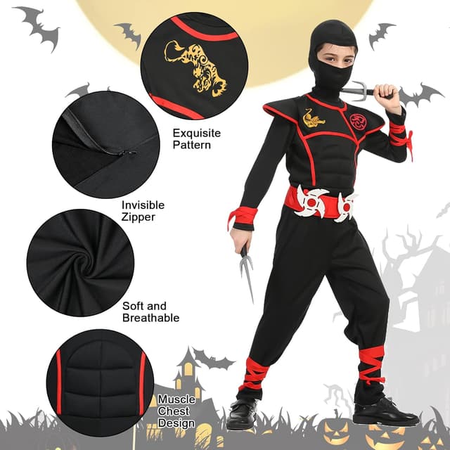 Detalle de Aomig Ninja Kostüm Kinder (13-teilig) – Ninja-Set für Jungen & Mädchen für Halloween, Karneval & Party