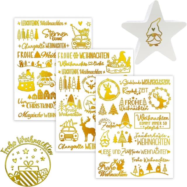 Detalle de Aoiuenok Rub-on Sticker Weihnachten in Gold Metallic – 3 Bögen für DIY, Karten & Geschenke