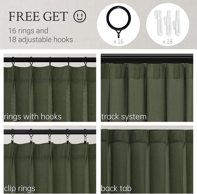 Detalle 2 de Topfinel Pinch Pleated 63-Inch Olive Green Linen Curtains (2 Panels) for Track System