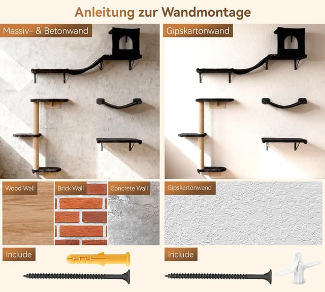 Detalle 2 de PELUMOZ Kletterwand Katzen 5-in-1 Set – Wand-Katzenmöbel mit Hängematte, Haus, Brücke & Kratzflächen