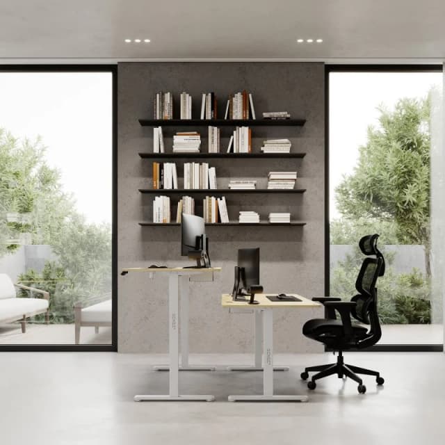 Detalle 2 de sense7 NOJO escritorio eléctrico regulable de altura 140x70 blanco/pino (motor, memoria y gestión de cables)