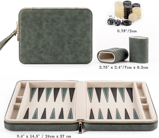 Detalle 2 de Backgammon-Set für Erwachsene mit faltbarem Kunstleder-Backgammonetui, 30 Kunsthorn-Checkern (Green)