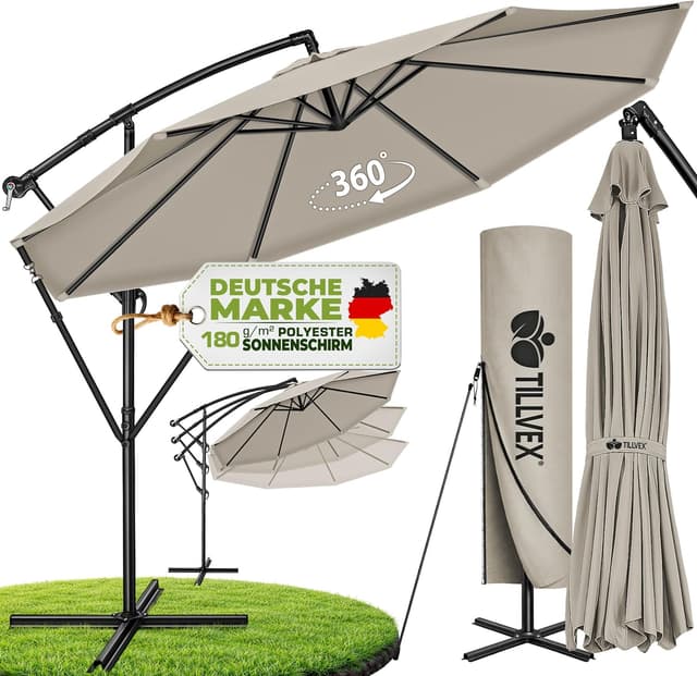 Detalle de tillvex Alu Sonnenschirm (Ø 300 cm) mit Kurbel und Abdeckung – Ampelschirm mit UV-Schutz