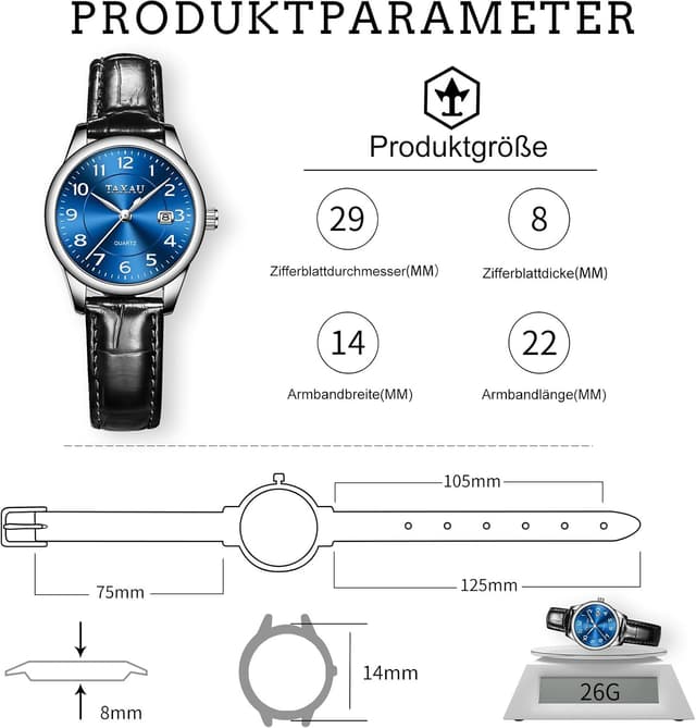 Thumbnail 3 de Taxau Damenuhr mit Lederarmband, analoges Quarzwerk & Datumsanzeige (28 mm, 3 Bar)