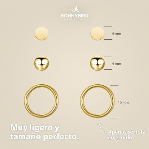 Detalle de BONNYBIRD BonnyClassic: set de pendientes dorados pequeños para mujer (3 pares) de acero inoxidable 316L hipoalergénicos